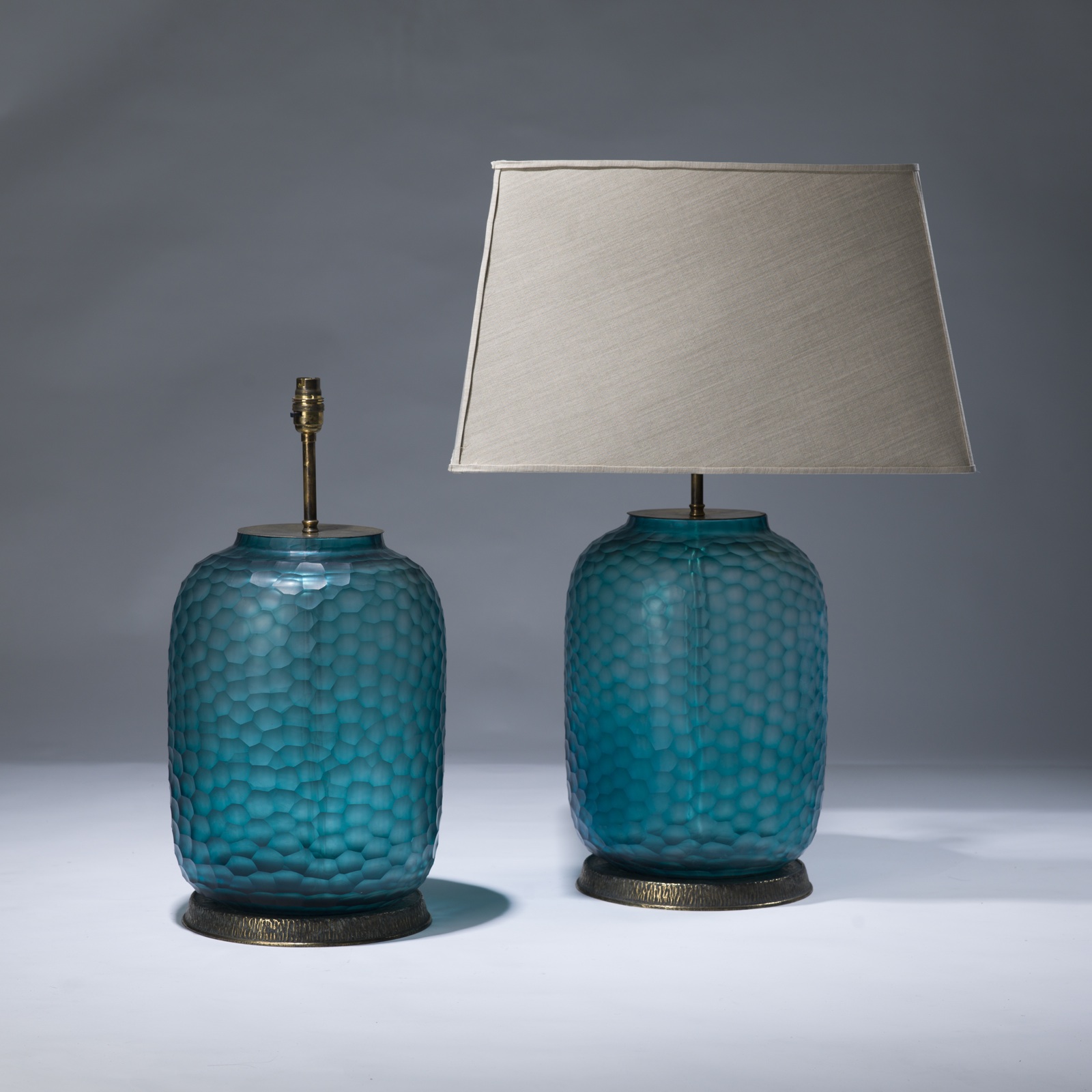 Pair Of Large Blue Cut Glass Lamps On Distressed Brass Bases (T3031