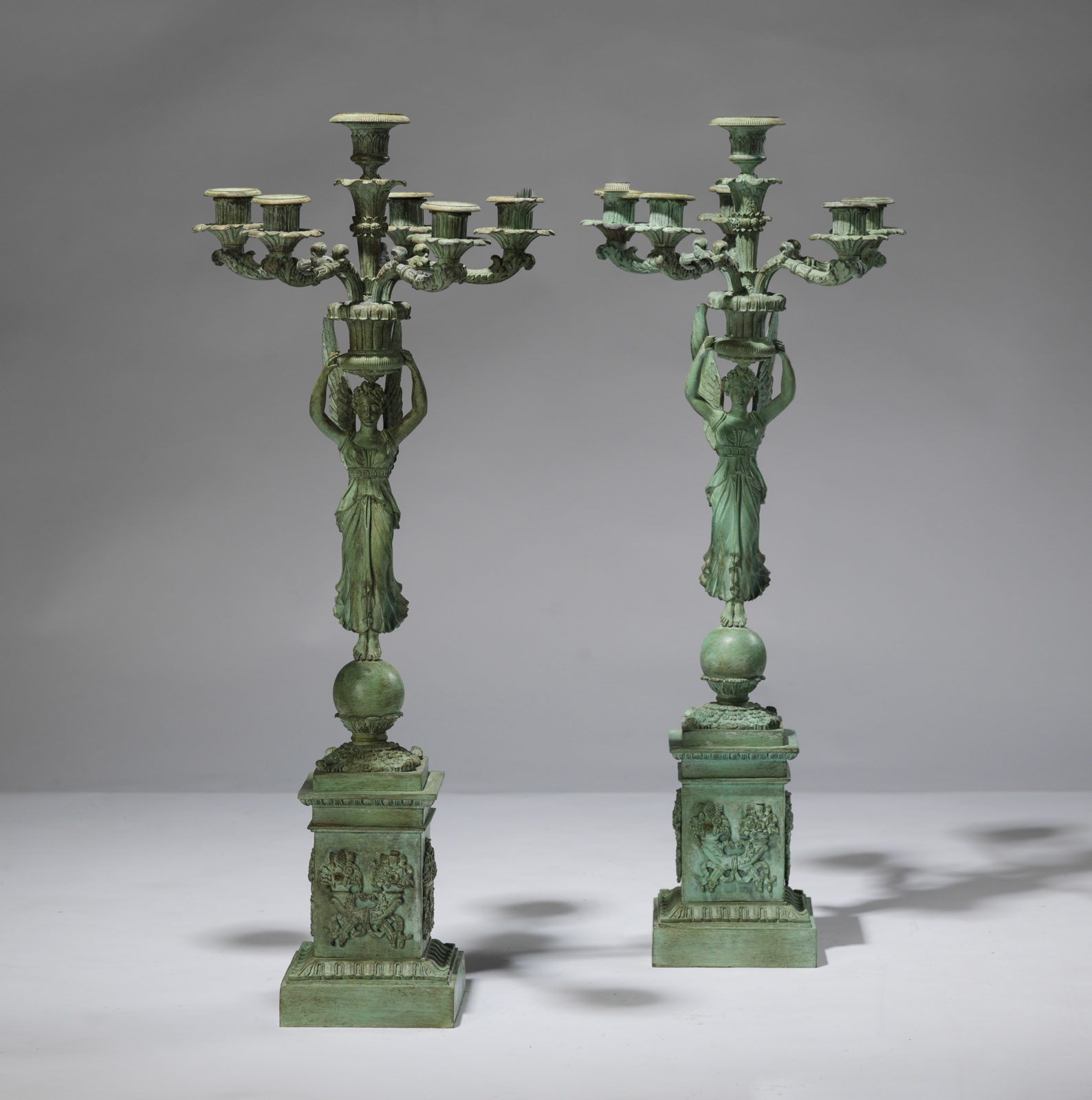 Pair Of Tall Verdigris Bronze Classical Candelabra (T3176) TYSON