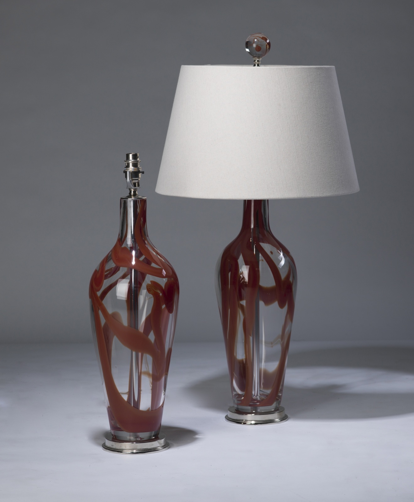 Pair Of Medium Red Clear Swirl Standard Glass Lamps On Nickel Bases T3324 Tyson 1235