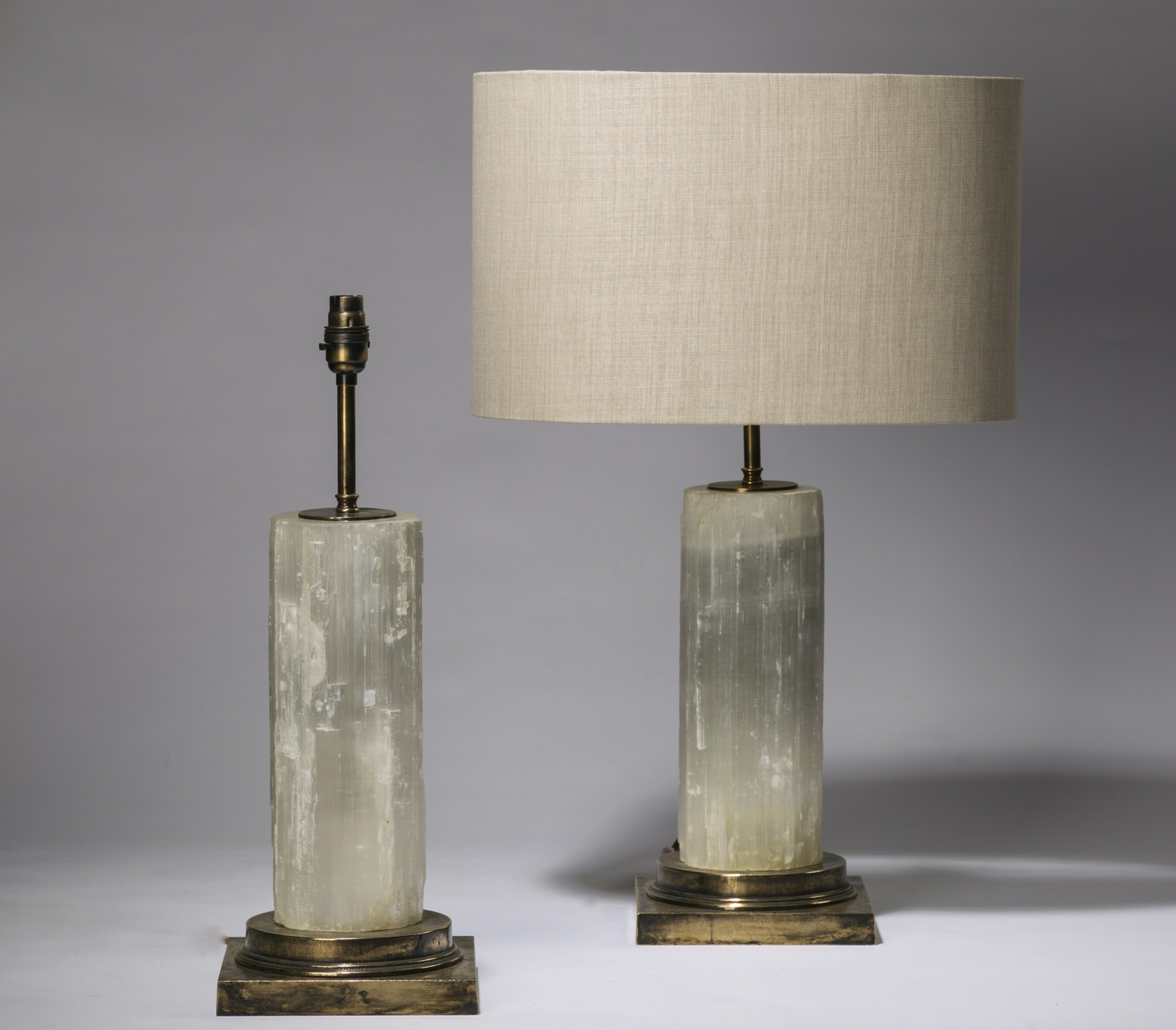 Pair Of Medium Clear Selenite Lamps On Double Distressed Brass Bases ...