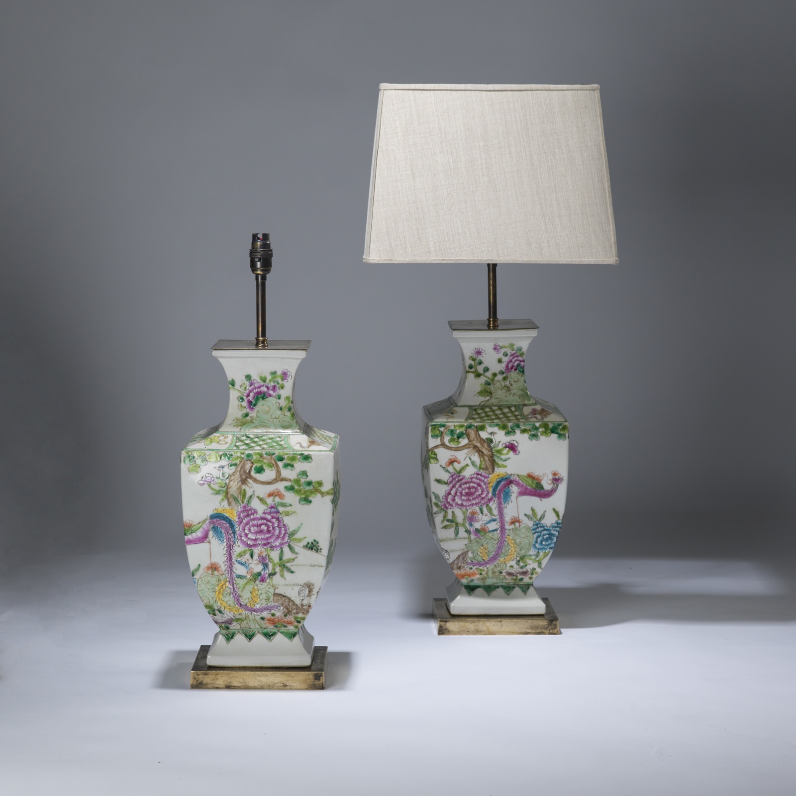 Pair Of Large Green Pink Coloured Chinese Ceramic Lamps On