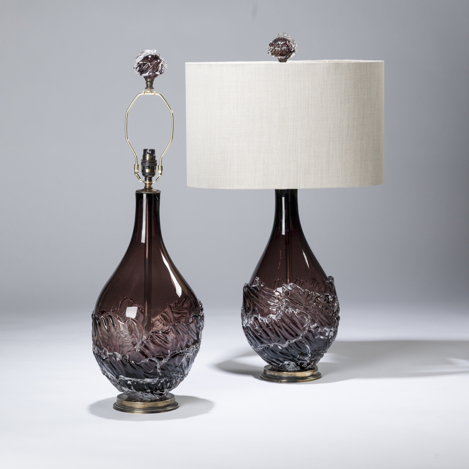 Pair Of Medium Purple Glass Teardrop 'splash' Lamps On Distressed Brass