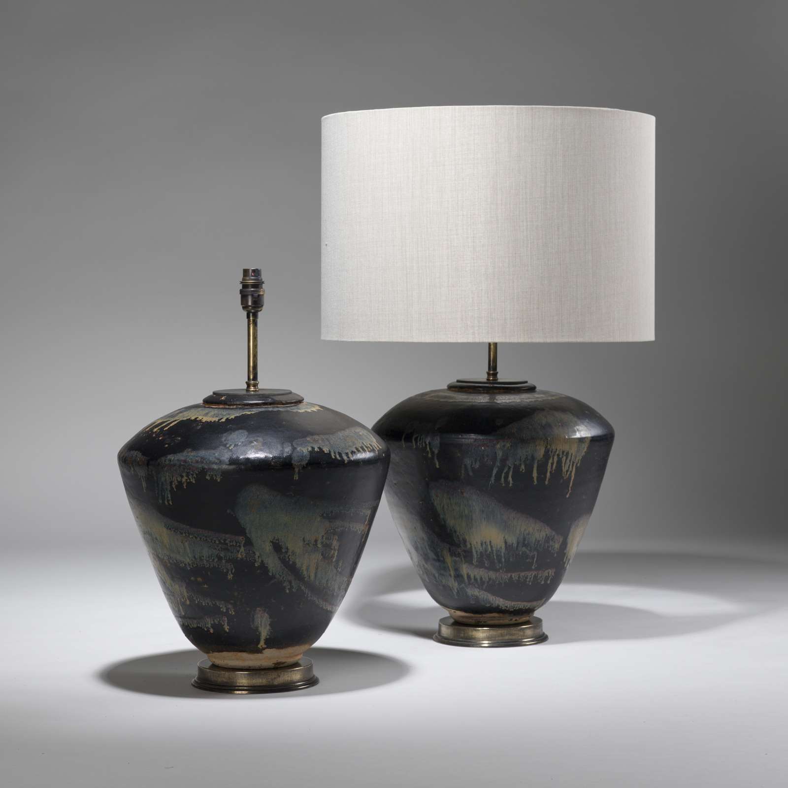 Pair Of Large Black Individually Splashed Glazed Ceramic Vases On