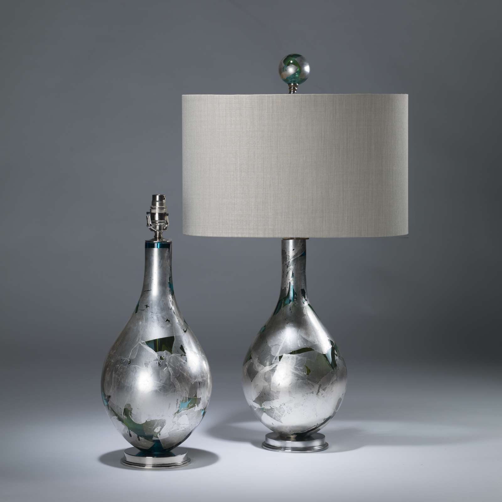 Pair Of Small Silver blue Green Glass Teardrop Lamps On Nickel