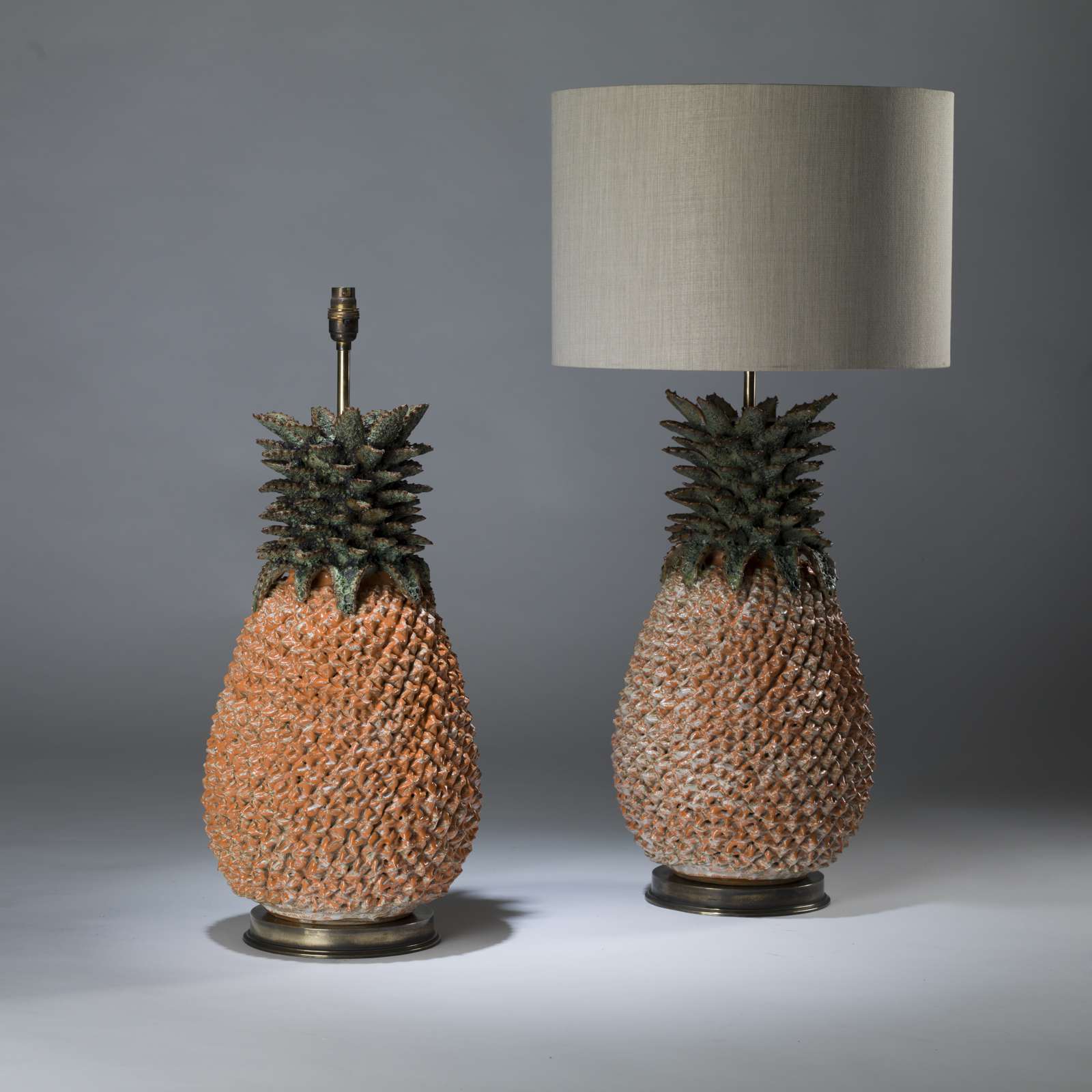 Pair Of Large Orange Green Ceramic Pineapple Lamps On Round Brass Bases ...