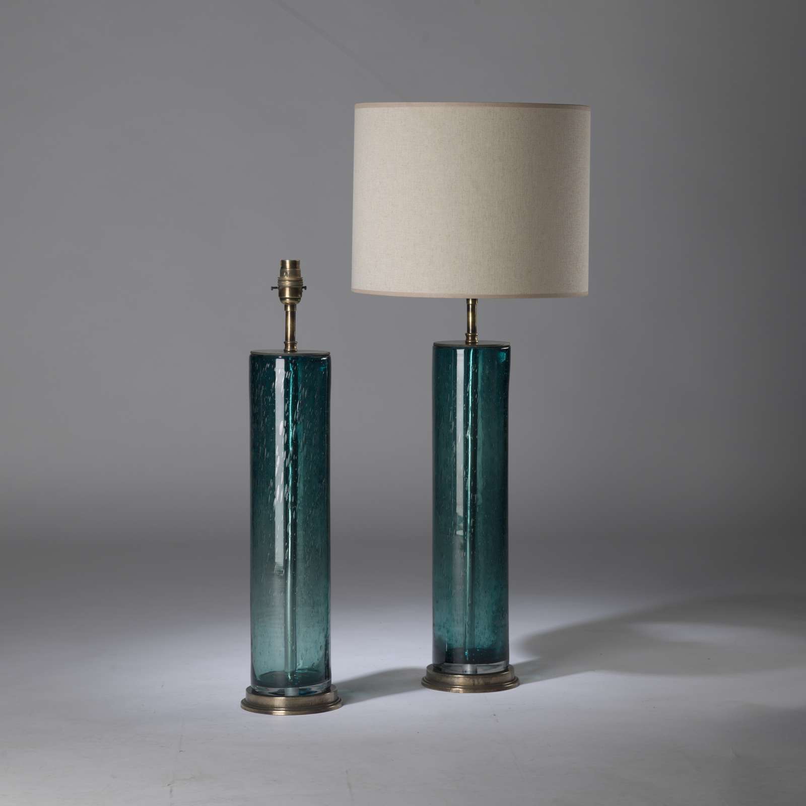 Pair Of Tall Green Blue Glass Cylinder Bubble Lamps On Round Brass ...