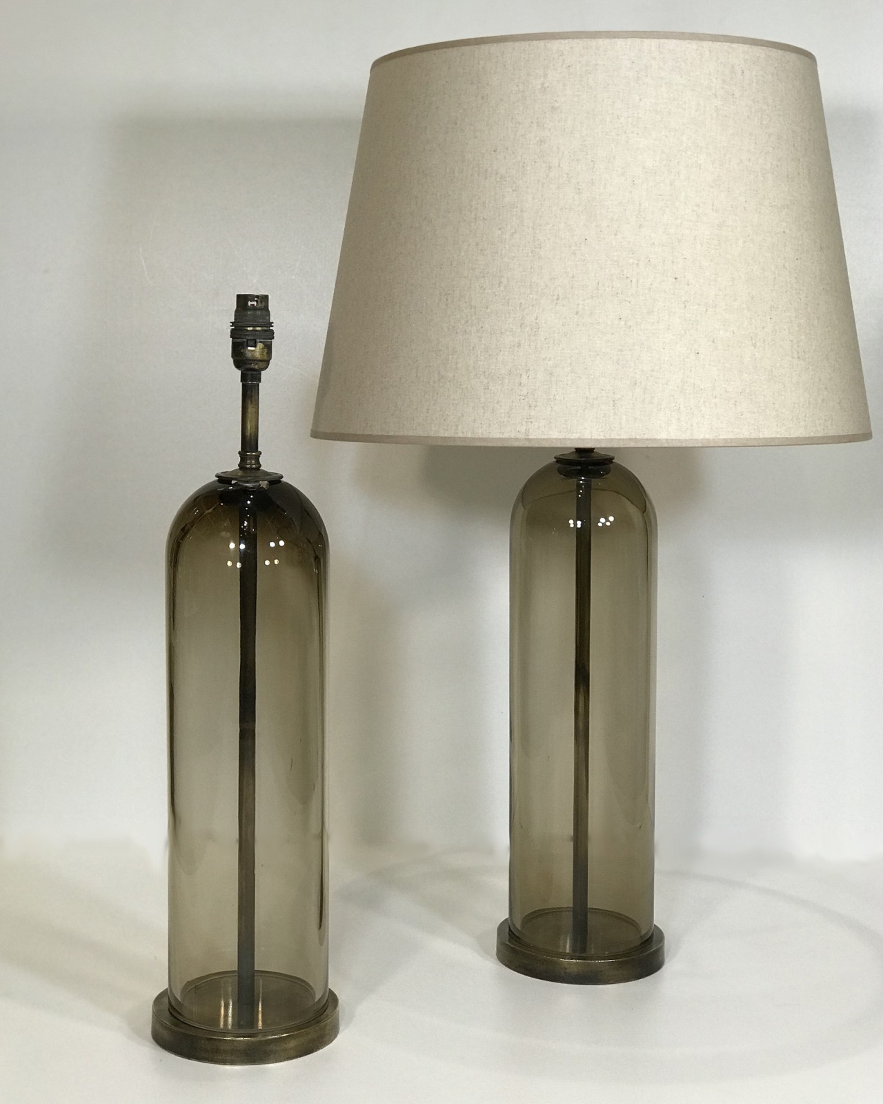 Pair Of Large Brown Handblown Glass Dome Lamps On Distressed Brass