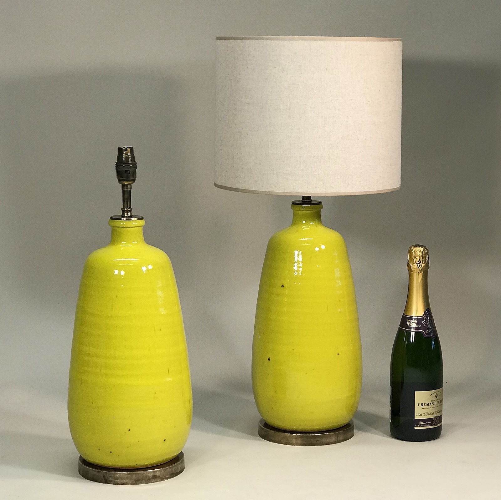 Pair Of Medium Yellow Ceramic Lamps On Antique Brass Bases T5231 