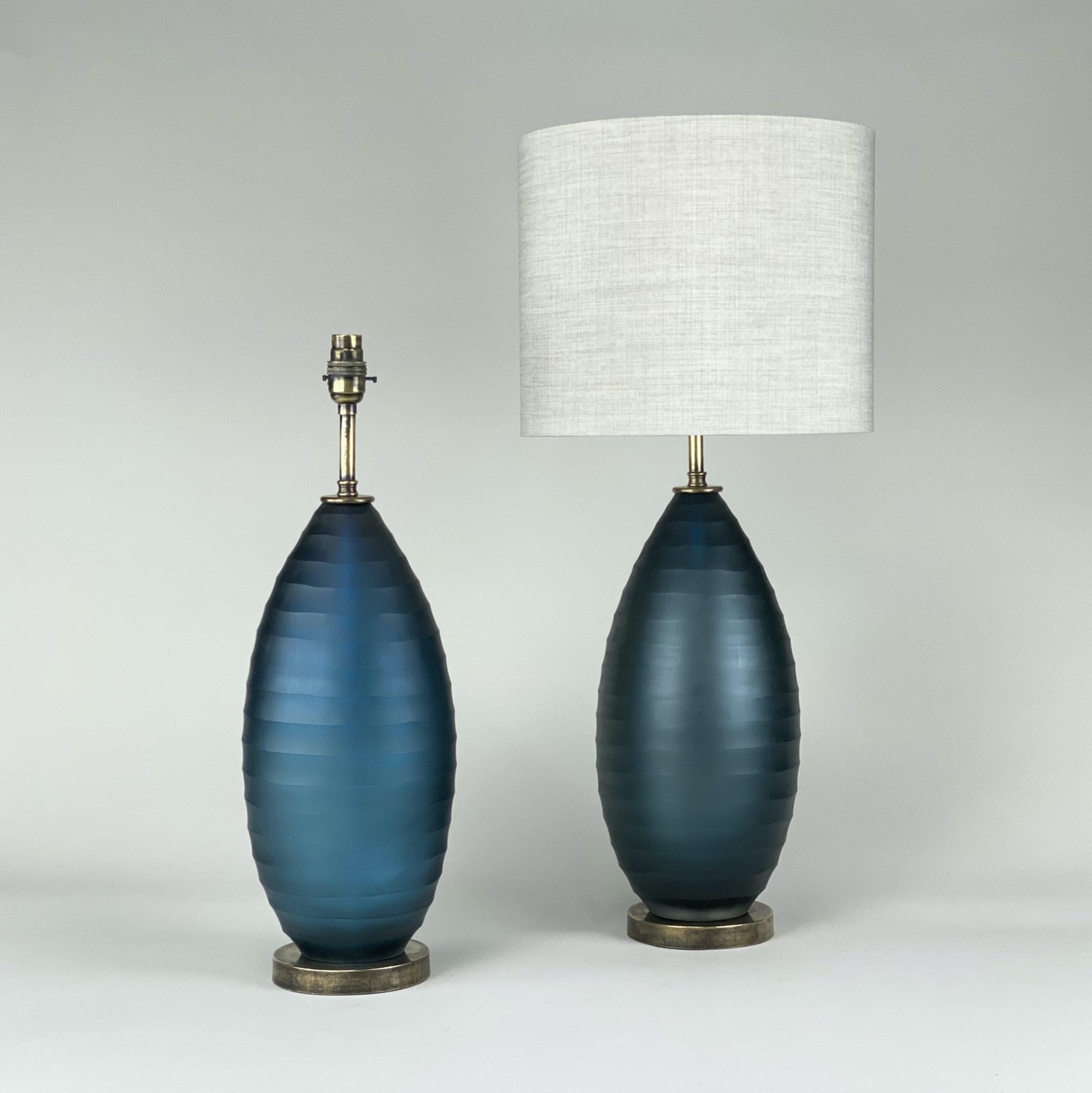 Pair Of Medium Ripple Textured Blue Grey Glass Lamps With Antique Brass Bases T5378 Tyson