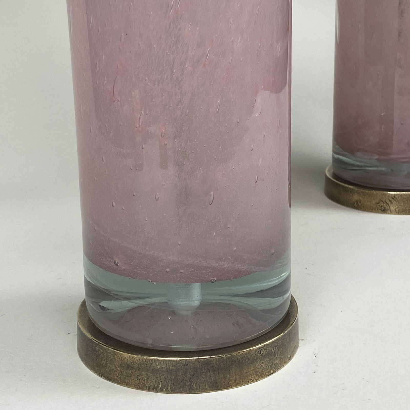 Pair Of Small Pink Glass Bubble Lamps With Antique Brass Bases (T5399