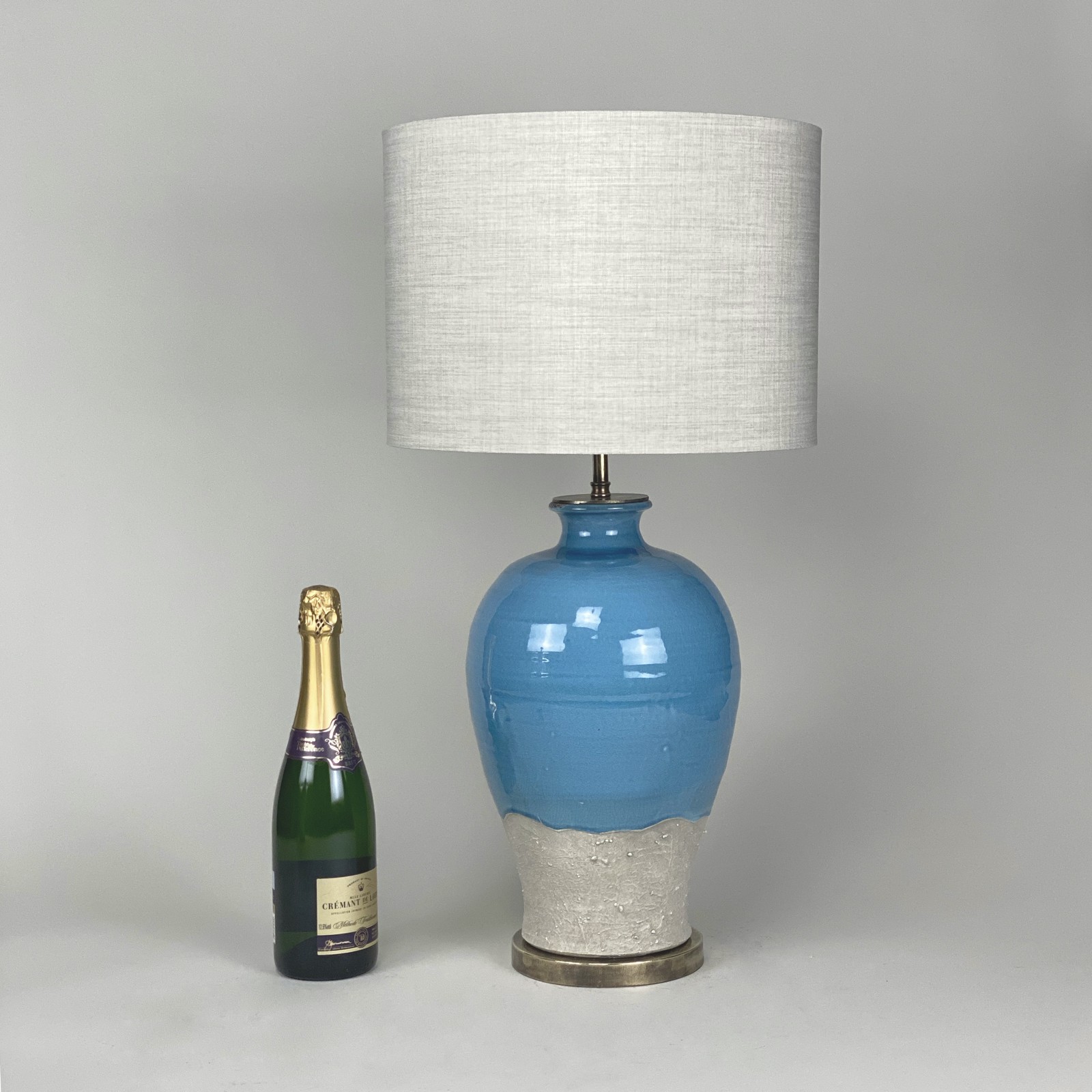 Pair Of Medium Grey And Blue Ceramic Lamps On Antique Brass Bases