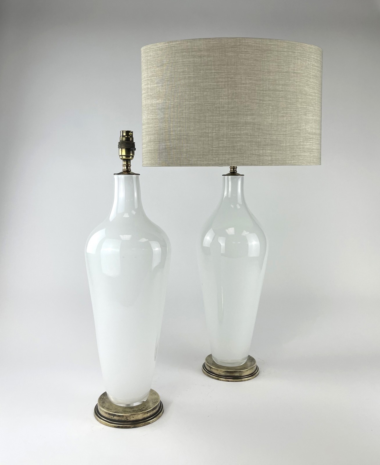 Pair of White Standard Large Table Lamps on Antique Brass Bases (T6351