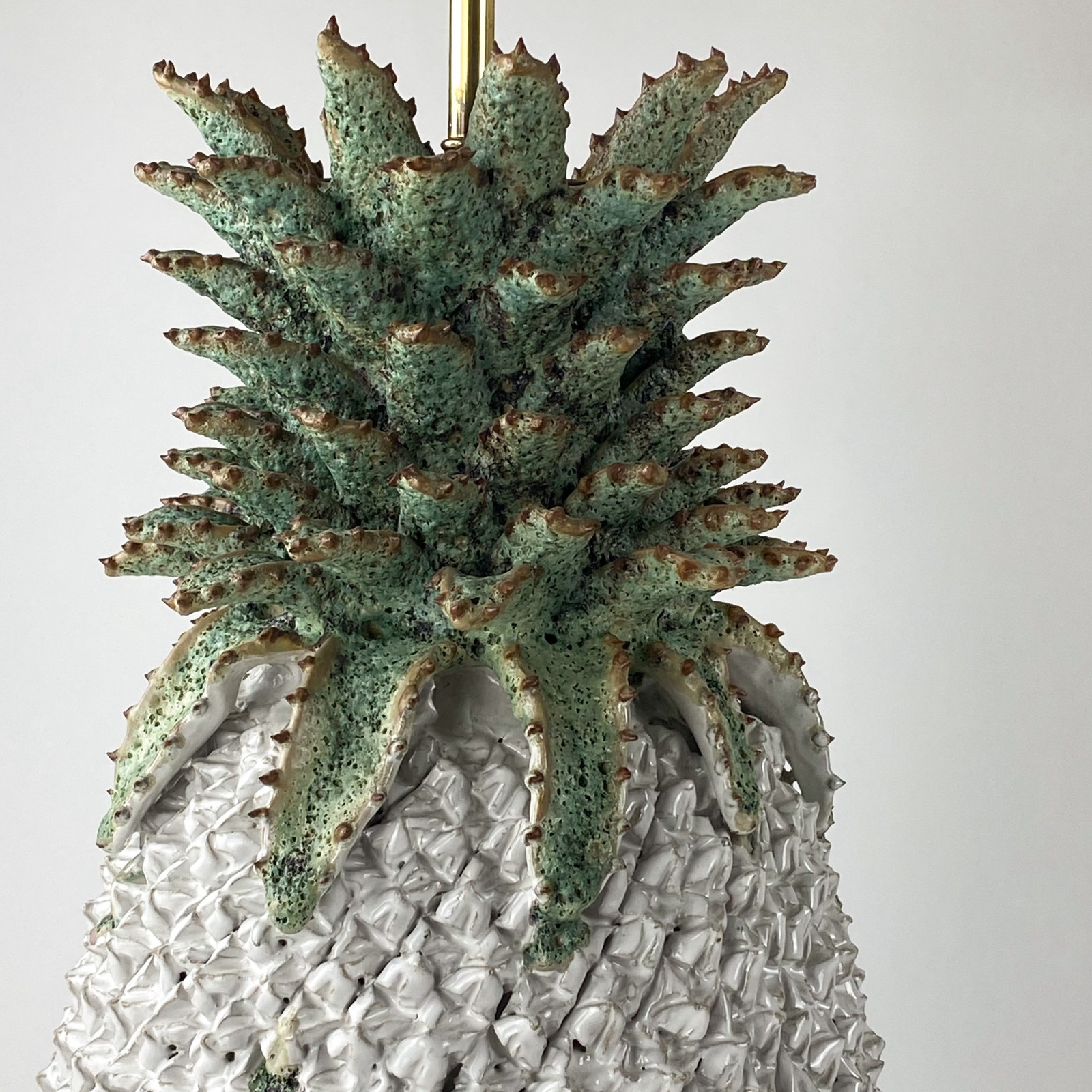 Pair Of Large White Ceramic Pineapple Lamps With Green Leaf Tops On ...