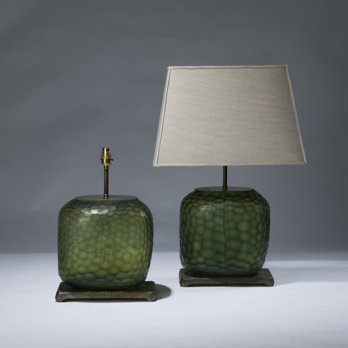 Pair Of Medium Green Cut Glass Lamps On Distressed Brass Bases