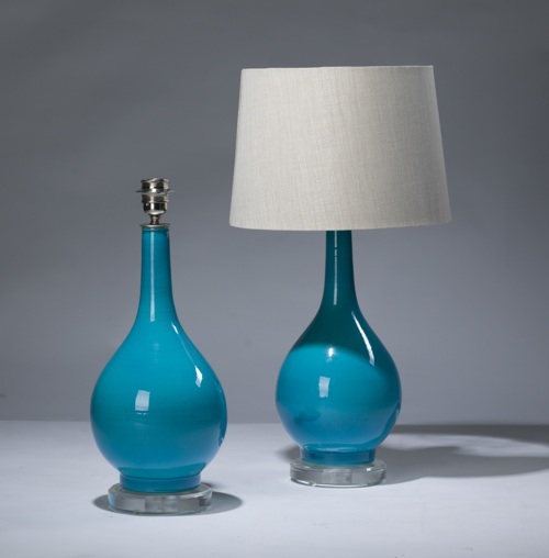 Pair Of Small Blue Ceramic Lamps On Perspex Bases