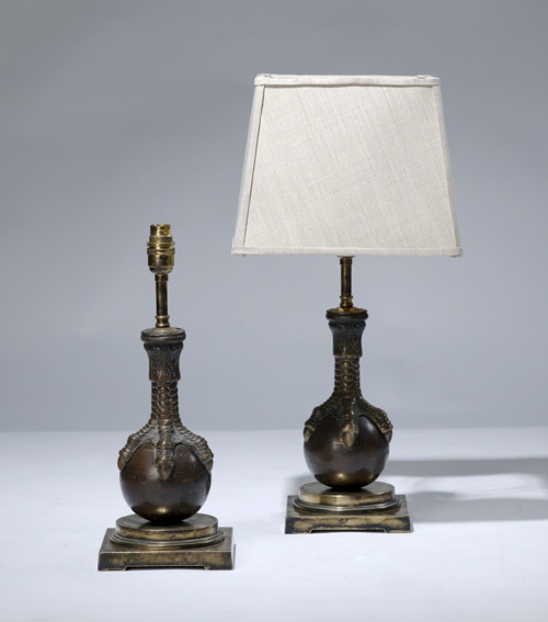 Pair Of Small Brown Antique Bronze 'ball & Claw'  Metal Lamps On Distressed Brass Bases