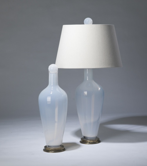 Pair Of Medium Opaline White 'standard' Glass Lamps On Distressed Brass Bases