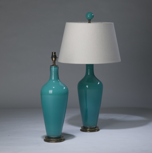 Pair Of Medium Turquoise Blue 'standard' Glass Lamps On Distressed Brass Bases