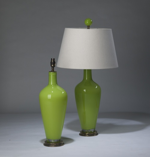 Pair Of Medium Grass Green 'standard' Glass Lamps On Distressed Brass Bases