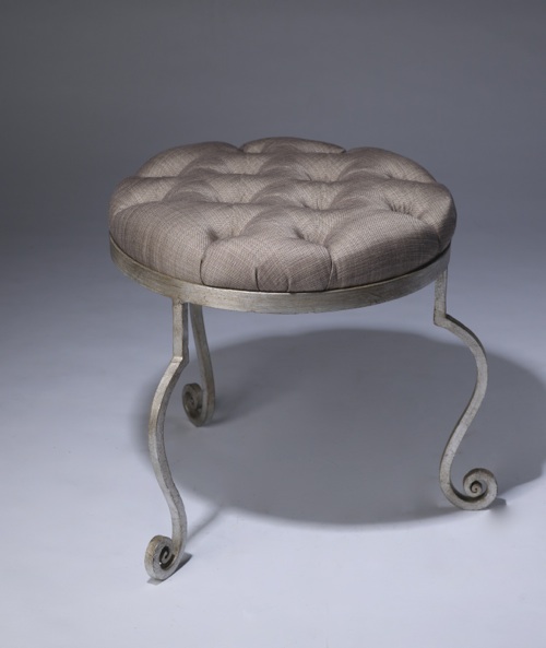 Small Round Wrought Iron 'disk' Stool In Warm Distressed Silver Leaf Finish With Natural Linen Upholstery