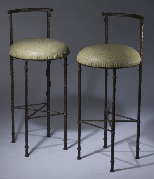 Wrought Iron Bar Chair In Brown Bronze Finish And Green Faux Leather Upholstery