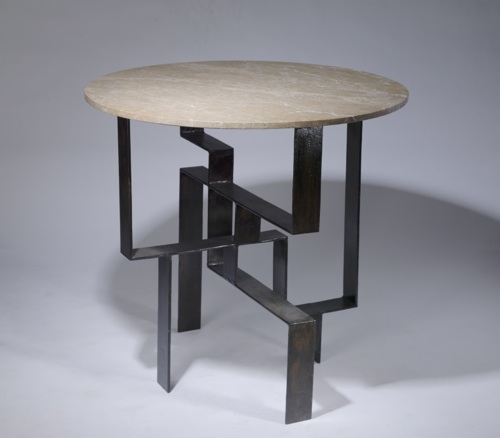 Wrought Iron 'geometric' Centre Table In Dark Brown Bronze Finish With Marble Top