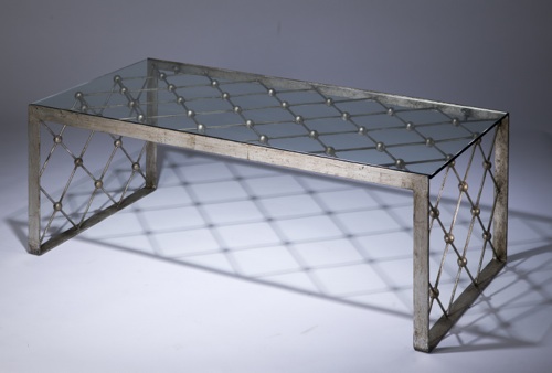 Wrought Iron Net Coffee Table In Distressed Silver Leaf Finish With Glass Top