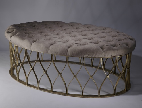Wrought Iron Oval 'natalia' Ottoman In Distressed Gold Leaf Finish With Natural Linen Upholstery