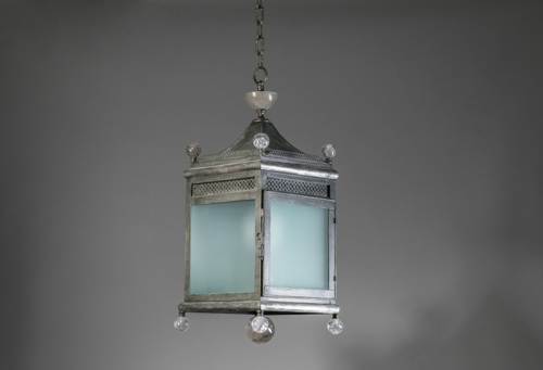 French Silver Leaf Finished Lantern With Frosted Glass And Rock Crystal Ball Decoration