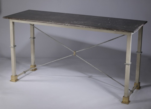 Wrought Iron 'simple' Console Table In Light Grey Paint Finish With Marble Top