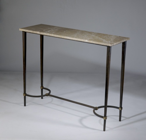 Wrought Iron 'tapered Leg' Side Table With Marble Top In Brown Bronze, Gold Leaf Highlight Finish