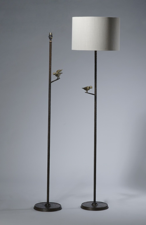 Wrought Iron Floor Lamp With Single Bird In Brown Bronze, Gold Highlight Finish