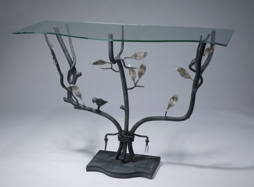 Wrought Iron 'leaf' Console Table In Grey, Distressed Silver Leaf Highlight Finish With Shaped Glass Top