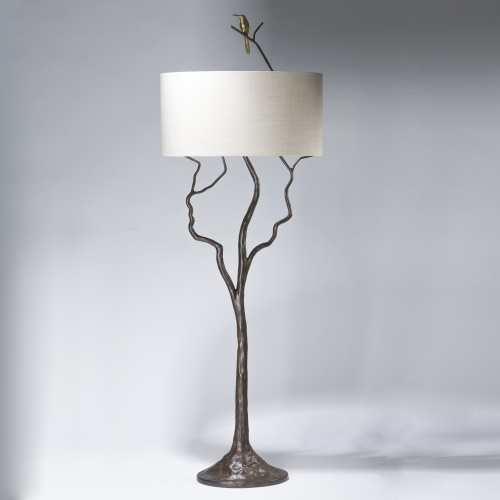 Tall Tree And Humming Bird Floor Lamp In Bronze, Distressed Gold Leaf Finish
