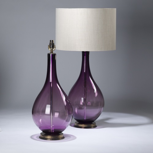 Pair Of Large Purple Coloured Teardrop Shaped Glass Lamps On Distressed Brass Bases