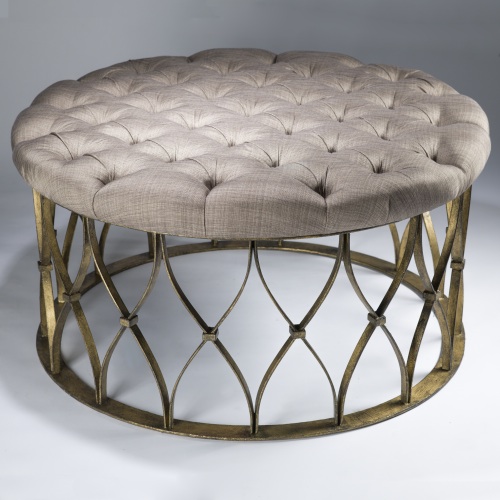 Small 'natalia' Ottoman In Distressed Gold Leaf Finish And Buttoned Upholstery