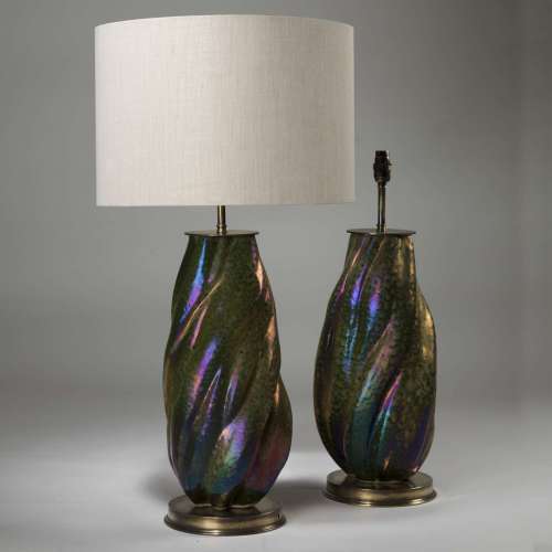 Pair Of Large Opal Glazed Twisted Flame Ceramic Lamps On Brass Bases