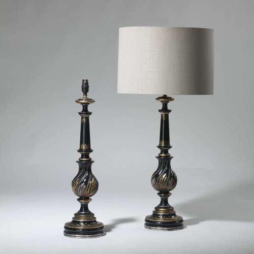 Pair Of Large Black Old C1950 Classical Column Lamps