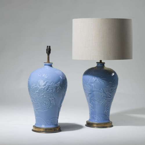 Pair Of Medium Blue Dragon Ceramic Lamps On Brass Bases
