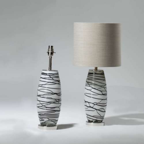 Pair Of Small White Glass With Black Vein Lamps On Chrome Bases