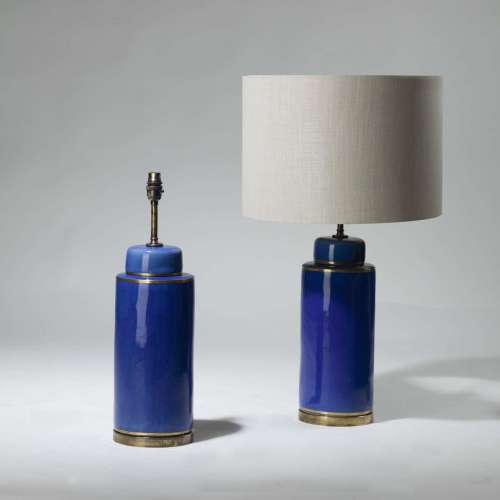 Pair Of Medium Blue Glazed Cylinder Lamps On Brass Bases