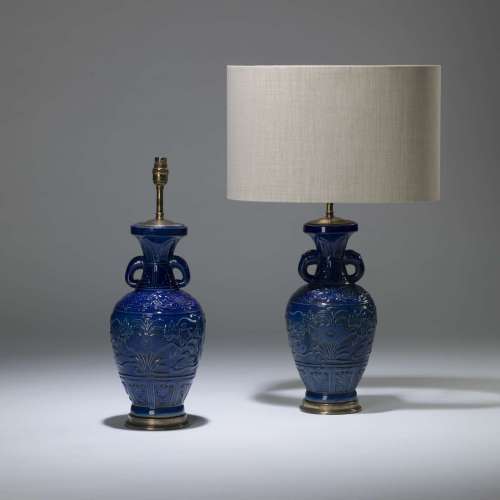 Pair Of Medium Blue Ceramic Lamps With Handles On Brass Bases