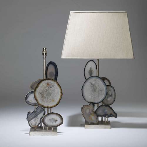 Pair Of Large Staggered Grey Agate Lamps With Silver Leaf Finish On Square Bases