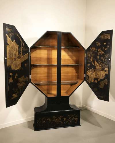 Cocktail Cabinet Circa 1920 Recently Black Lacquered And Added 18th Century Screen Panels
