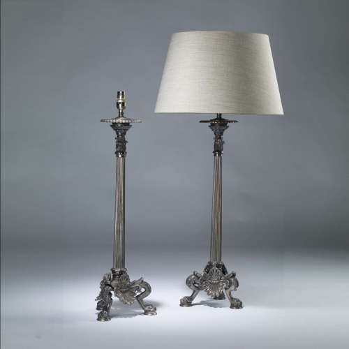 Pair Of Tall Silver Bronze Classical Candelabra Lamps