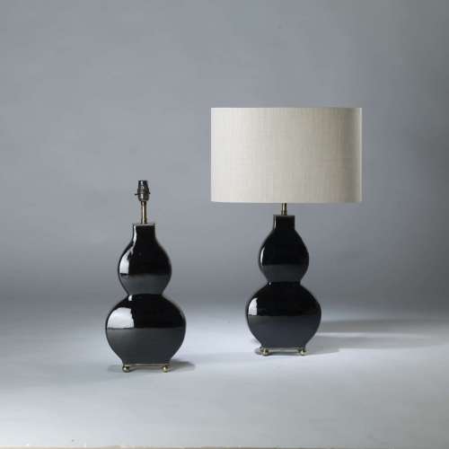 Pair Of Small Black Ceramic 'guitar' Lamps On Rectangle Brass Ball Bases