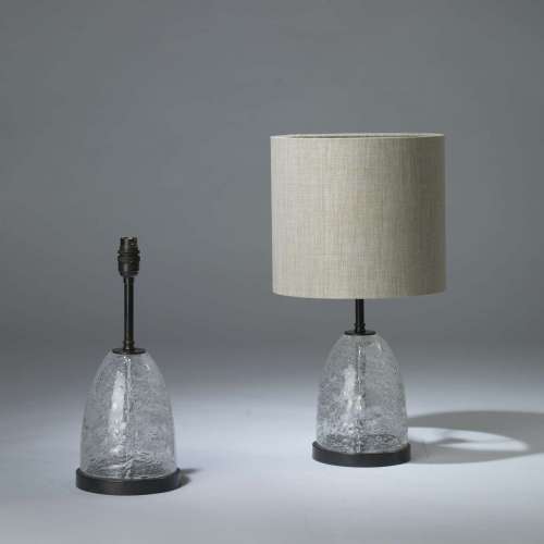 Pair Of Small Clear Bubbled Glass Lamps On Round Bronze Bases