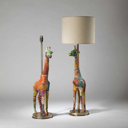 Pair Of Tall Multicoloured Patchwork Giraffe Lamps On Round Brass Bases