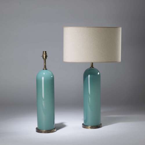 Pair Of Tall Blue Glass 'dome' Lamps On Round Brass Bases