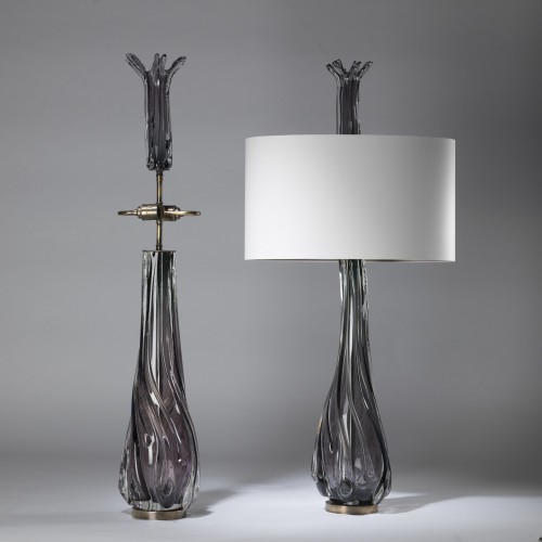 Pair Of Extra Large Splash! Warm Grey Glass Lamps On Antique Brass Bases With Glass Finials